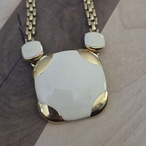 Vintage Enameled Monet Gold Tone And White Large Square Geometric Necklace 16"